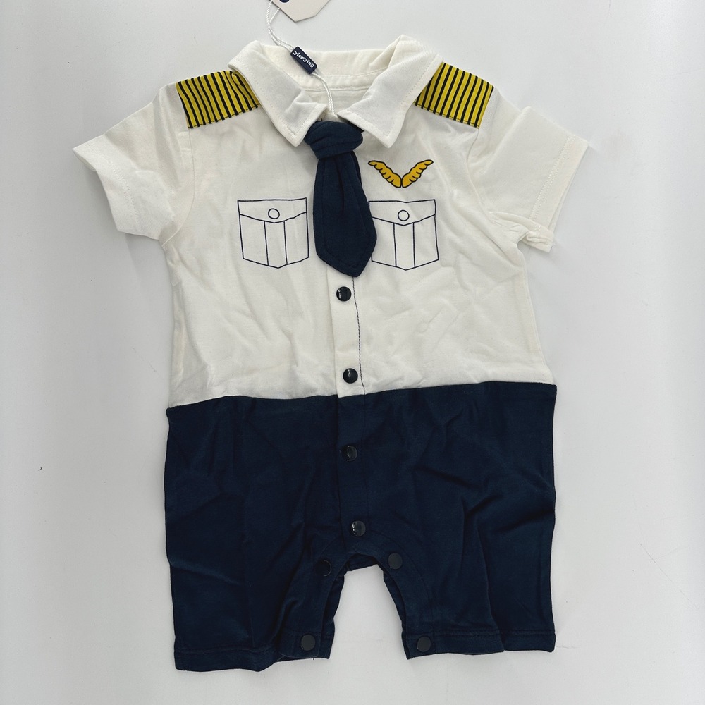 Yier Ying Baby Pilot Romper 6-9 Months White Navy Short Sleeve Costume